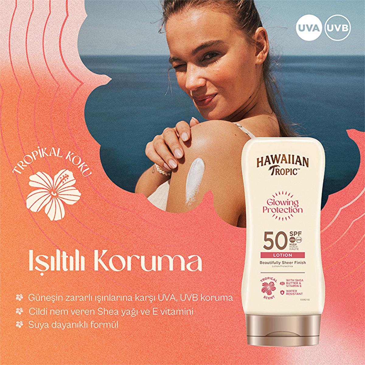 Hawaiian Tropic Glowing Protection SPF 50 Sunscreen Lotion - UVA/UVB, Vegan &amp; Cruelty-Free, Moisturizing - 6.09 fl oz Hawaiian Tropic SPF 50 Sunscreen - Vegan UVA/UVB Protection sunscreen lotion, SPF 50 sunscreen, Hawaiian Tropic sunscreen, vegan sunscreen, cruelty-free sunscreen, UVA UVB protection, water resistant sunscreen, sun protection lotion, sunscreen with shea butter, glowing skin sunscreen, sun protection, moisturizing sunscreen, vegan, cruelty-free, sun damage prevention, anti-aging, skincare, be