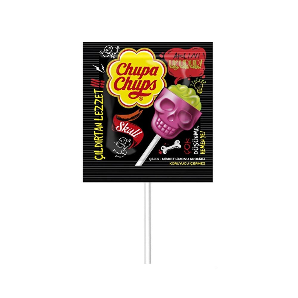 Chupa Chups 3D Skull Strawberry & Misket Limonu Lollipop - Unique Candy Shape - Food & Candy