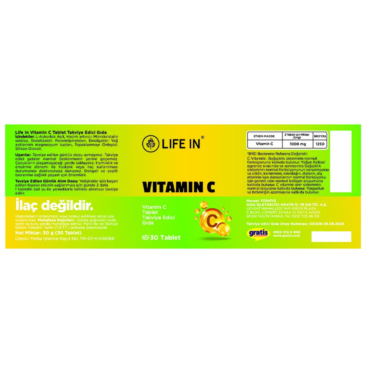 Life In Vitamin C Supplement - 30 Tablets for Immune System Support Life In Vitamin C Supplement - 30 Tablets Vitamin C supplement, Dietary supplement, Health and wellness, Immune system support, Food supplement, Health-conscious individuals, Adults, Children over 11, Dietary health, Wellness products, Supplement for immunity
