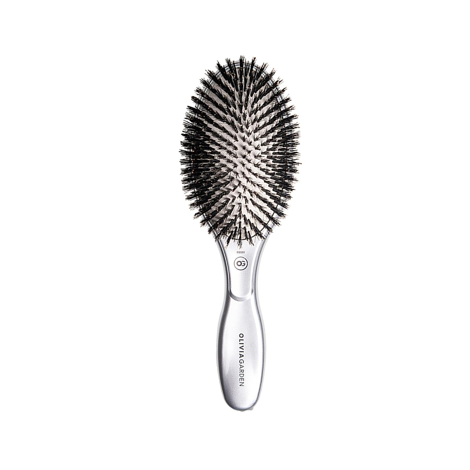Olivia Garden Expert Care: Oval Boar Bristle Hair Brush for Ultimate Shine &amp; Hair Health - Silver Styling Tool Olivia Garden Boar Bristle Brush: Shine &amp; Health boar bristle brush, hair brush, oval hair brush, Olivia Garden brush, silver hair brush, shine enhancing brush, hair styling tool, hair care brush, boar bristle hair brush, hair styling, hair care, shine, healthy hair, detangling brush, oval brush, Olivia Garden, silver brush, professional hair brush, women's hair care, hair tool, styling brush, hair