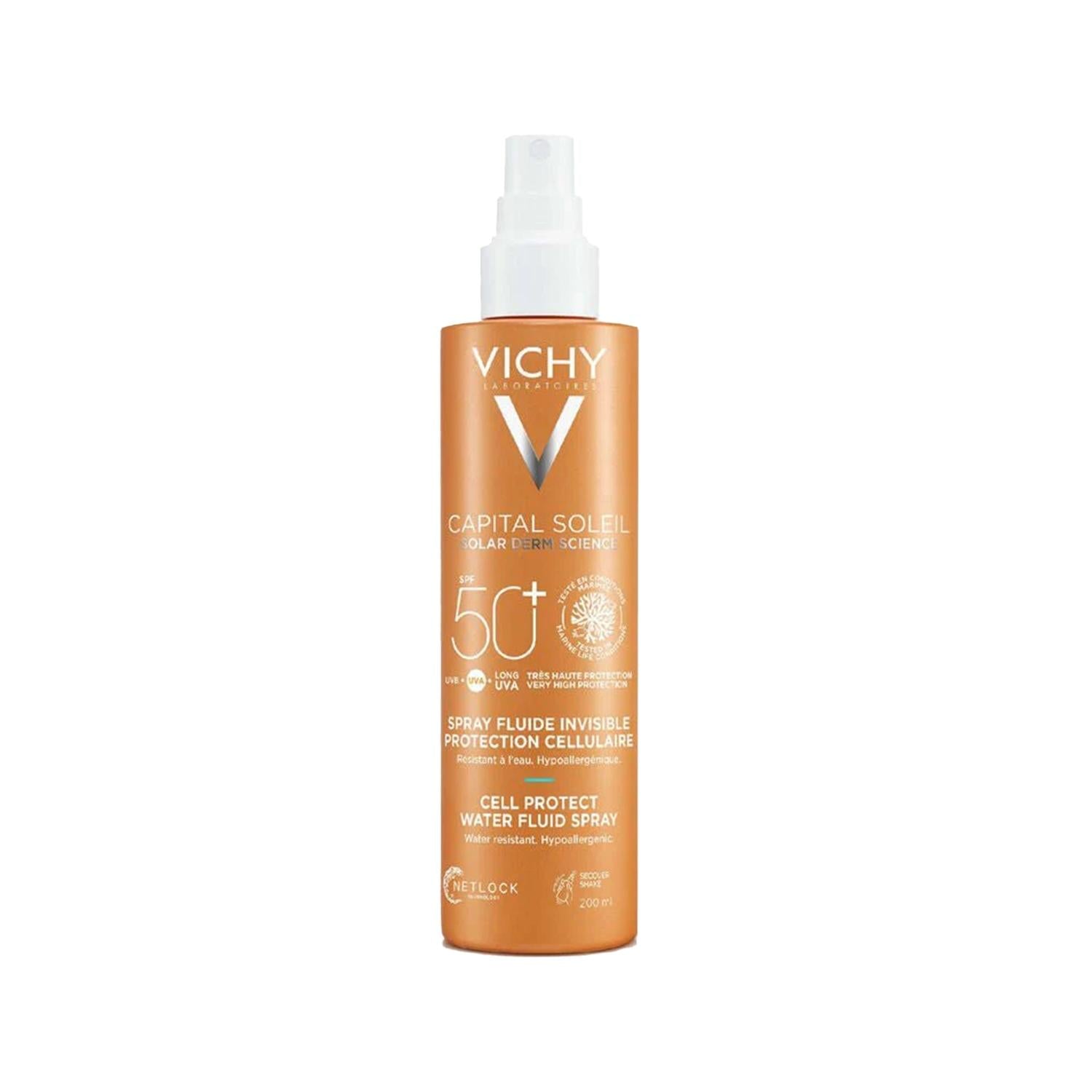 Vichy Capital Soleil SPF 50 Sunscreen Spray for Face and Body - Fluid Spray Formulation, 200ml Vichy Capital Soleil SPF 50 Sunscreen Spray - Face & Body Protection Vichy Capital Soleil, SPF 50 sunscreen, sunscreen spray, face and body sun protection, high SPF sunscreen, fluid spray sunscreen, sun protection, skincare, dermatologically tested, UV protection, outdoor protection