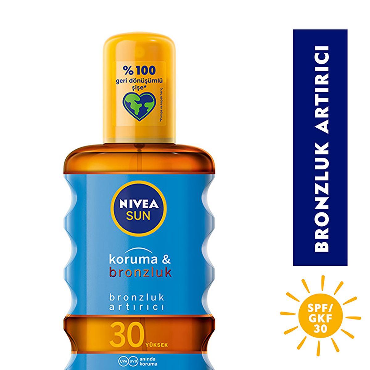 Nivea Sun SPF 30 Tanning Oil Spray: High Sun Protection, Natural Bronze, Water Resistant, UVA/UVB Protection - 6.76 fl oz Nivea Sun SPF 30: Tanning Oil. Sun Protection + Bronze SPF 30 sunscreen, tanning oil, sun protection, water resistant sunscreen, Nivea sun, bronzing sunscreen, UVA UVB protection, sunscreen for sensitive skin, sunscreen spray, melanin activating sunscreen, sunscreen, sun tan, tanning, water resistant, SPF 30, UVA protection, UVB protection, sensitive skin, outdoor activities, beach, swim