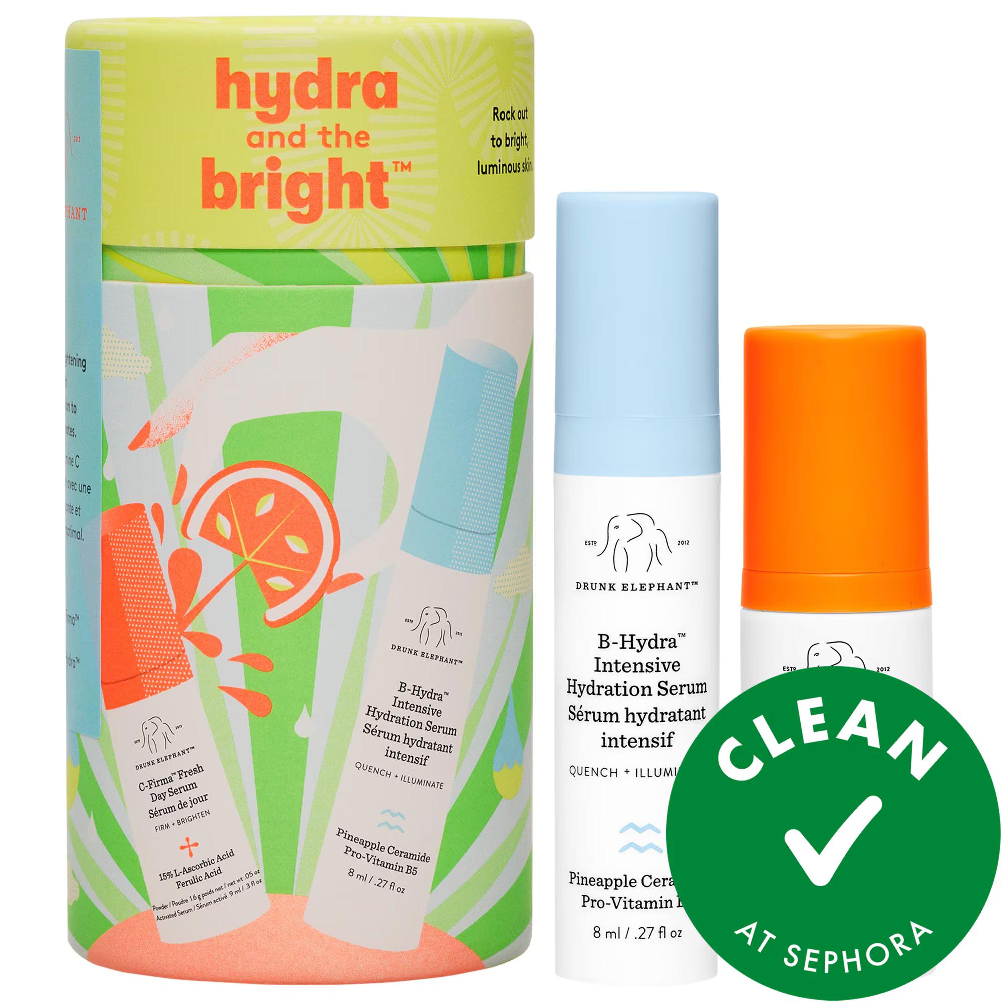 Drunk Elephant Hydra and the Bright Serum Duo - Vegan Skincare Serum Set with Vitamin C & Hyaluronic Acid Drunk Elephant Hydra & Bright Serum Duo - Vitamin C & Hyaluronic Acid Skincare skincare serum duo, vitamin C serum, hydrating serum, vegan skincare, cruelty-free skincare, clinically tested skincare, brightening serum, anti-aging skincare, Drunk Elephant, travel skincare, serum set, skincare routine, radiant skin, youthful skin, L-Ascorbic Acid, Sodium Hyaluronate