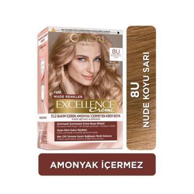 Loreal Paris Excellence Creme Nude Hair Dye - 8U Nude Koyu Sarı, Ammonia-Free, Nourishing Hair Color for Natural - Shampoo