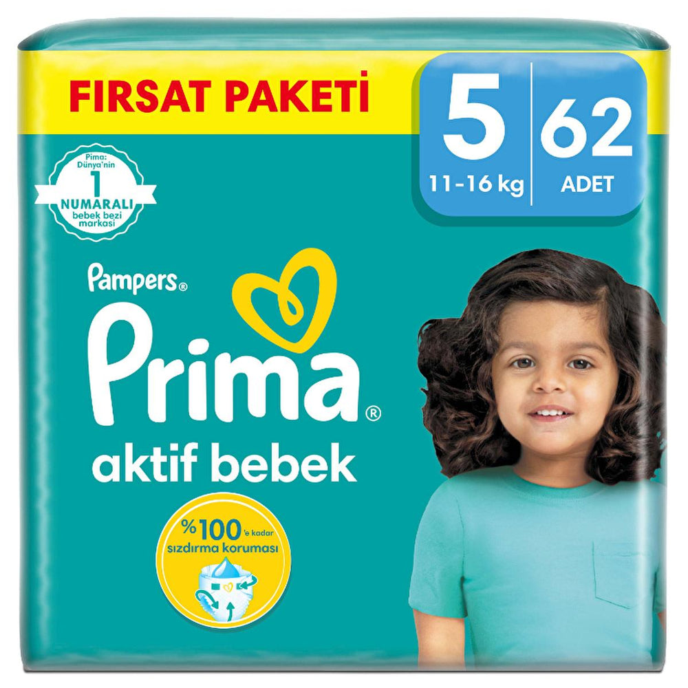 Prima Pampers Active Baby Diapers Size 5, 62 Count - Leakproof, Dermatologically Tested - Baby Care