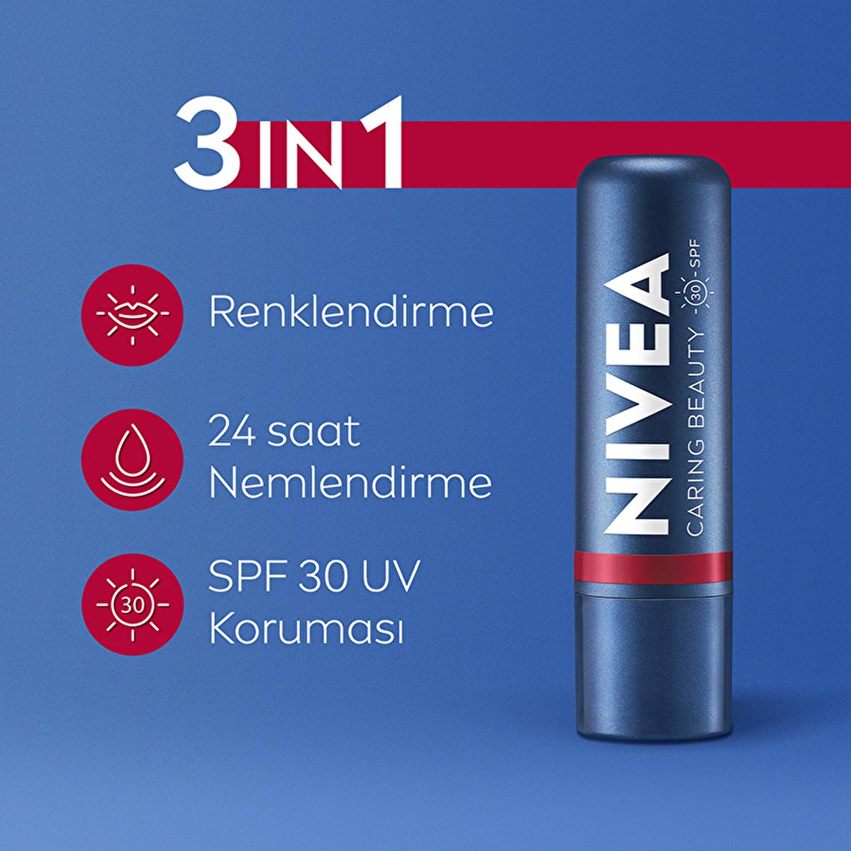 NIVEA Tinted Lip Care Balm with SPF30 UV Protection - Moisturizing, Natural Ingredients, 3-in-1 Formula NIVEA Tinted Lip Balm SPF30 - Moisturizing & Natural Tinted Lip Balm, Lip Care with SPF, Natural Lip Care, Multifunctional Lip Product, NIVEA Lip Care, Moisturizing Lip Balm, SPF30, E Vitamin, Shea Butter, Organic Almond Oil, Mineral Oil-Free, Dermatologically Approved, Lip Care Routine, Natural Ingredients, Lip Moisturization