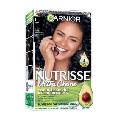 Garnier Nutrisse Ultra Creme 1 Siyah Saç Boyası - Vegan Hair Dye for Black Hair, Nourishing Hair Color - Hair Dye