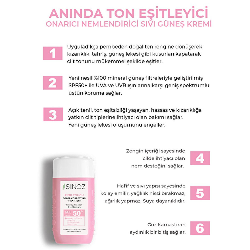 Sinoz Pink Touch SPF50+ Tone-Up Sunscreen: Color Correcting, Redness Reducing, and Brightening Mineral Facial Sunscreen with Hyaluronic Acid - 1.69 fl oz Sinoz Pink Touch SPF50 Sunscreen: Tone-Up & Color Correcting pink sunscreen, tone-up sunscreen, color correcting sunscreen, SPF50 sunscreen for face, sunscreen for redness, sunscreen for sensitive skin, brightening sunscreen, mineral sunscreen, facial sunscreen, sun protection, redness reduction, even skin tone, hyaluronic acid, niacinamide, bright oleoact