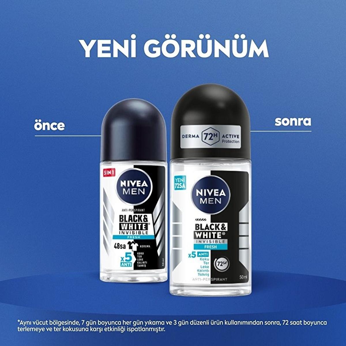 Nivea Men Black & White Invisible Fresh Deodorant Roll-On - Long Lasting Anti-Perspirant Protection for Men, 72 Hours Sweat & Odor Control, Anti-Stain, Dermatologically Tested Nivea Men Deodorant Roll-On - 72hr Anti-Perspirant Protection Nivea Men Deodorant, Black & White Invisible Fresh Deodorant, Long-lasting anti-perspirant for men, Deodorant for sensitive skin, Anti-stain deodorant, Men's grooming, Personal care, Roll-On Deodorant, 72-hour protection, Derma Active Protection, X5 Anti Formula, Ethanol-fr