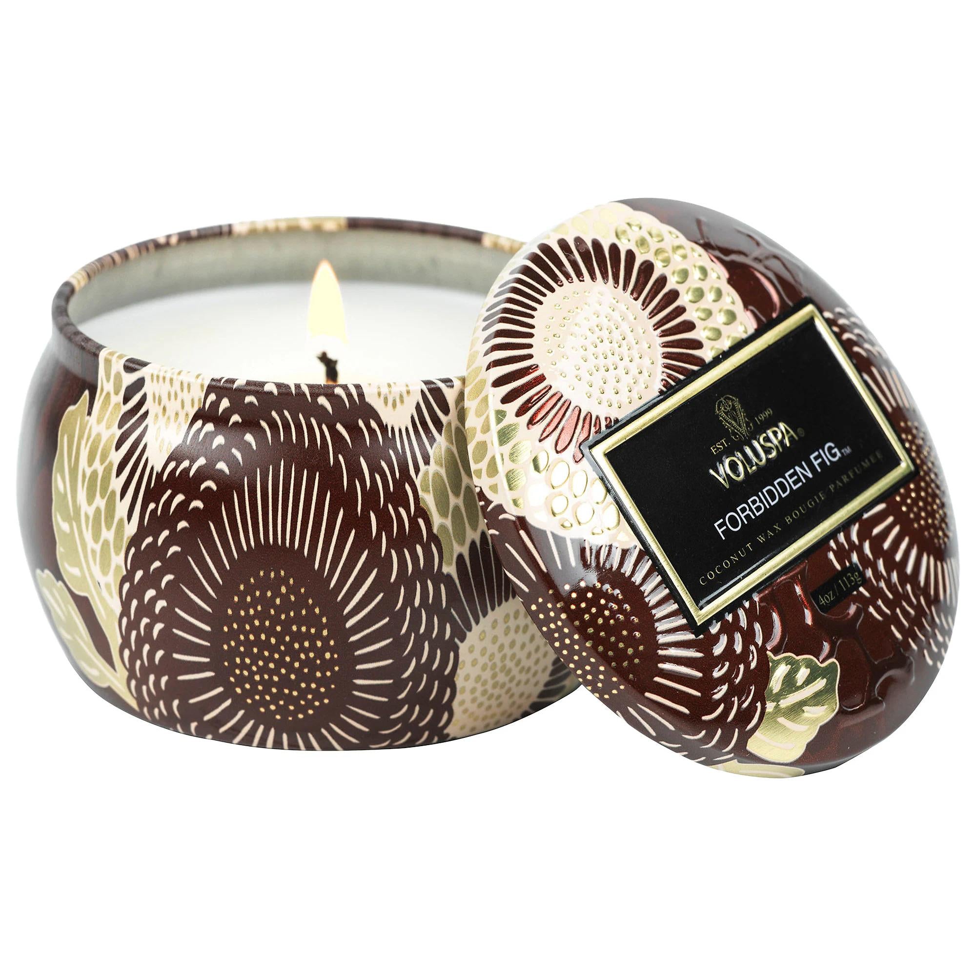 Voluspa Forbidden Fig Scented Candle - Decorative Tin, Long-Lasting Coconut Wax, Aromatherapy & Home Fragrance Voluspa Forbidden Fig Candle - Scented Tin Candle | Home Fragrance scented candle, decorative candle, tin candle, Forbidden Fig candle, coconut wax candle, long-lasting candle, aromatherapy candle, fragrance candle, home fragrance, Voluspa candle, candle, home decor, floral candle, fruity floral, mandarin, musk, gift, home scent, decorative tin, long burn time, clean burning, USA, voluspa, fig cand