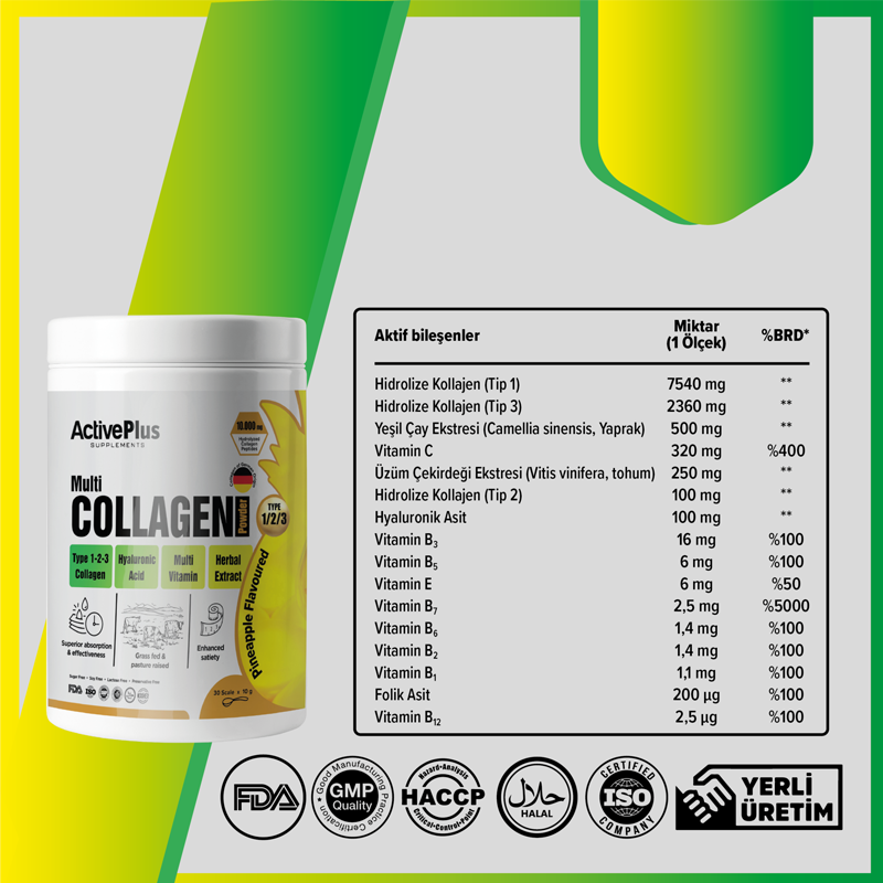 Active Plus Multi Collagen Powder with Vitamin C & Hyaluronic Acid 300g