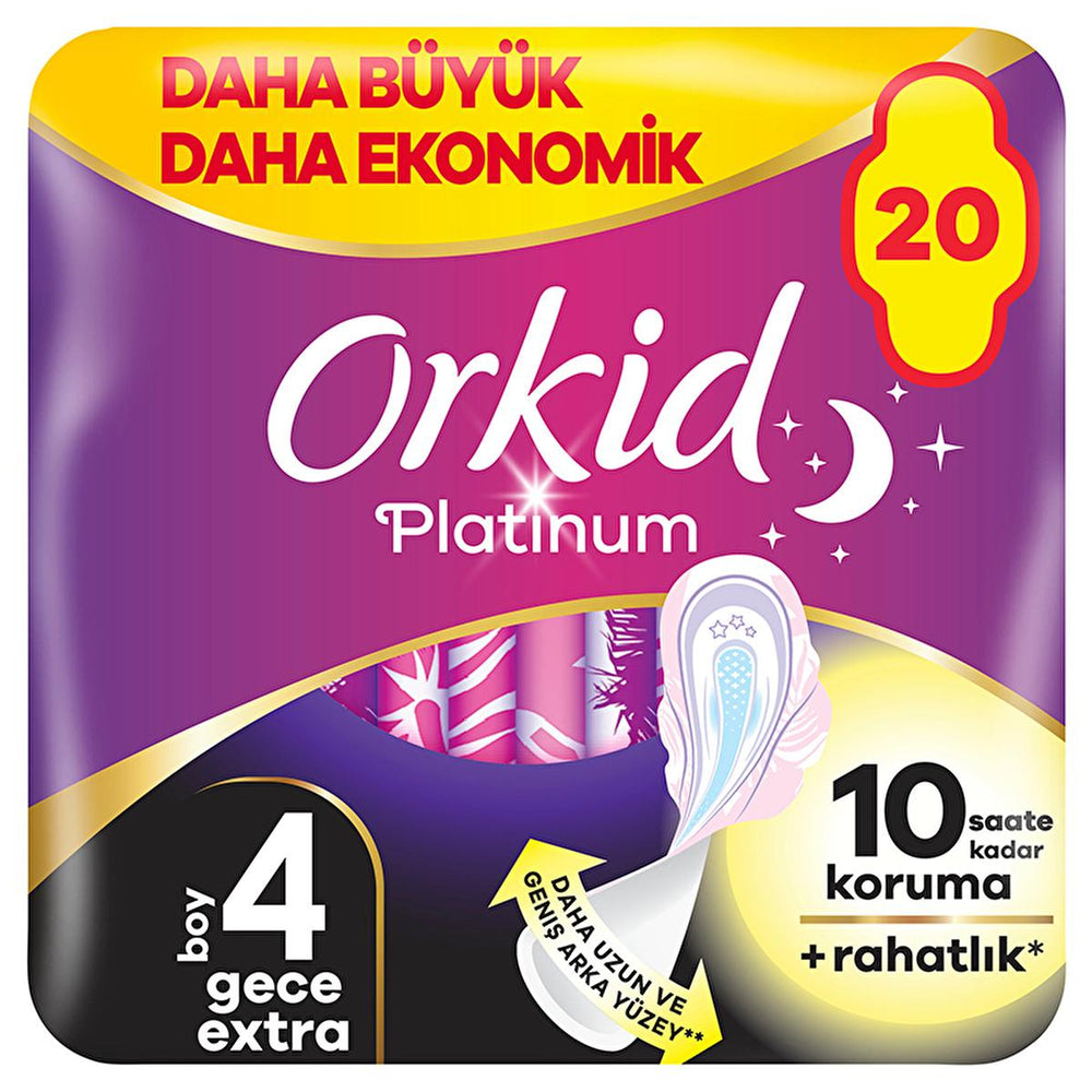 Orkid Platinum Gece Ekstra Overnight Hygienic Pads (Size 4) - 20 Count - High Absorbency Menstrual - Hygiene Products