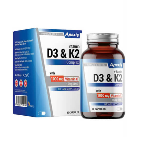 Apexis Vitamin D3 K2 &amp; C 1000 mg Daily Supplement 30 Capsules