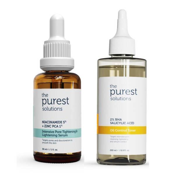 The Purest Solutions Skincare Set for Oily Skin - Pore Tightening Serum & Oil Control Toner with Niacinamide & - Face Serum