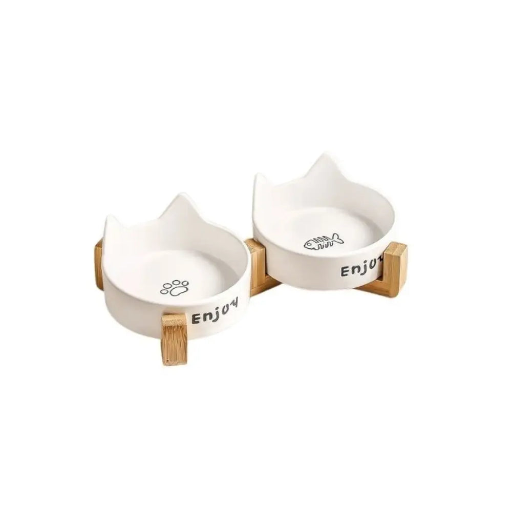 Aquax Bamboo and Ceramic Double Pet Bowl for Food and Water White