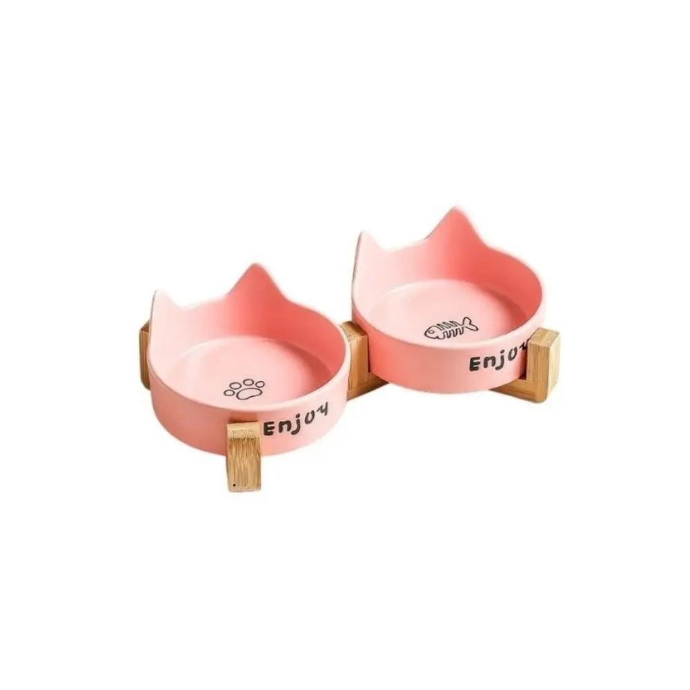 Aquax Bamboo and Ceramic Double Pet Bowl Set in Pink