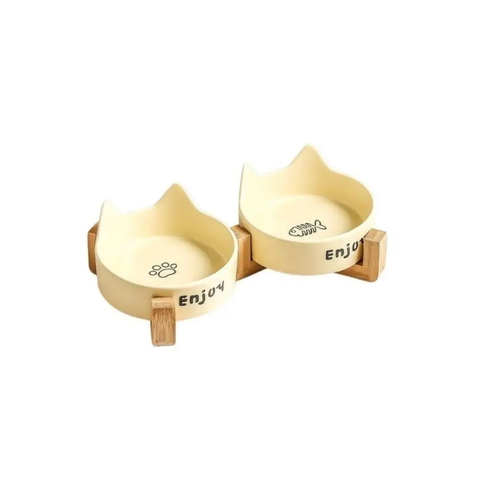 Aquax Bamboo and Ceramic Double Pet Bowl Set Yellow