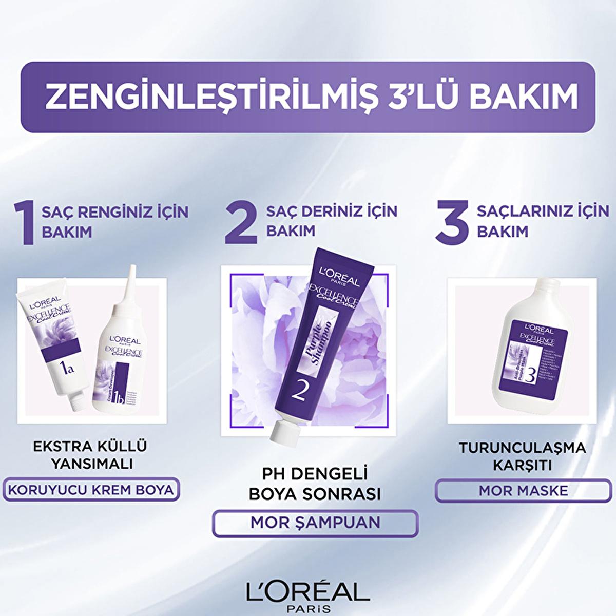 loreal-paris-excellence-cool-creme-hair-color-3.11, loreal-hair-color-product-image, purple-shampoo-and-mask-set L'Oreal Paris Excellence Cool Creme Hair Color - 3.11 Extra Ashy Dark Brown | Long-Lasting Color for Women L'Oreal Paris Excellence Cool Creme Hair Color 3.11 loreal-paris, hair-color, ash-brown, long-lasting, purple-shampoo, hair-care, women, adults, cool-color, ai-generated