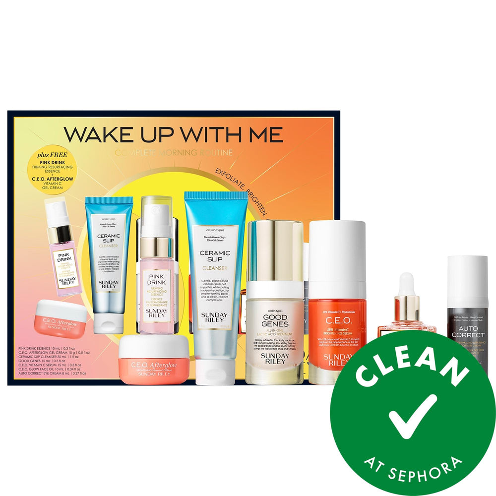 Sunday Riley Wake Up With Me Morning Routine Kit - 7-Step Skincare for Glowing Skin, Anti-Aging, Clean Beauty Sunday Riley Wake Up With Me - 7-Step Morning Skincare Kit Skincare morning routine, Anti-aging skincare kit, Clean beauty products, Cruelty-free skincare, Vitamin C skincare, Morning skincare routine, 7-step skincare, Skincare kit, Glowing skin, Radiant skin, Fine lines, Dullness, Dark circles, Discoloration, Peptides, Lactic acid, Caffeine, Paraben-free, Sulfate-free, Clean at Sephora, Skincare fo