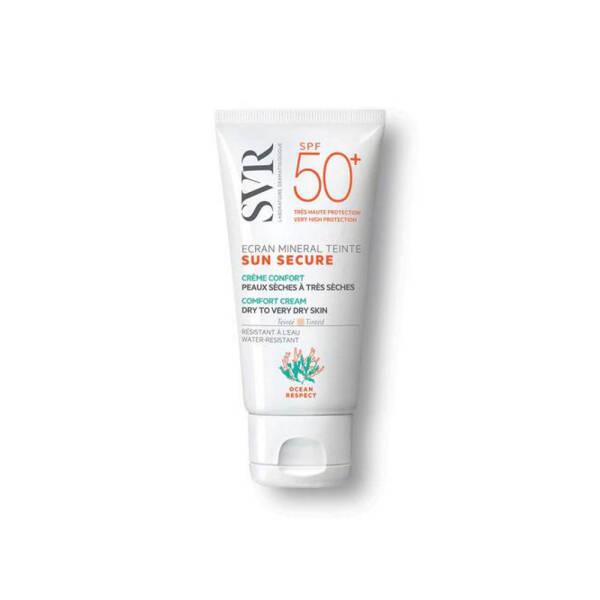 svr tinted mineral cream spf50 packaging, model applying svr tinted mineral cream, close-up of svr tinted mineral cream texture SVR Tinted Mineral Comfort Cream SPF50 - For Dry Skin | 60g SVR Tinted Mineral Comfort Cream SPF50 - 60g svr, tinted-mineral-cream, spf50, dry-skin, mineral-sunscreen, facial-cream, sunscreen, skincare, ai-generated, premium-skin-protection