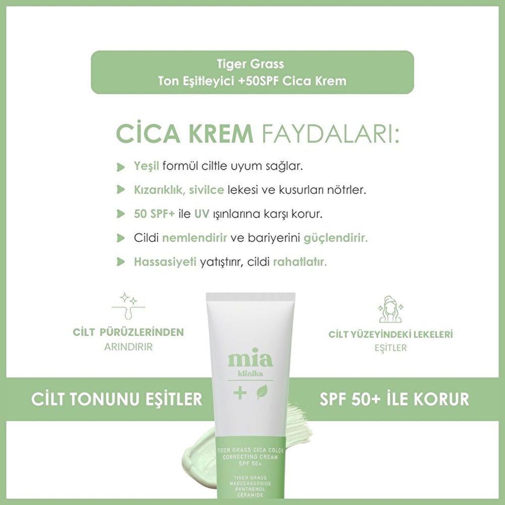 Mia Klinika Cica Cream SPF 50+ - Tiger Grass Tone Evening Cream for Sensitive Skin, Natural Coverage & Daily Sun Protection Mia Klinika Cica Cream SPF 50+ | Tone & Protect Sensitive Skin Cica cream, SPF 50+ cream, Tiger Grass cream, Centella Asiatica cream, Tone evening cream, Sun protection cream, Sensitive skin cream, Natural coverage cream, Redness relief cream, Daily sun protection skincare, skincare, tone correction, redness relief, anti-inflammatory, healing, regeneration, natural look, no-makeup look
