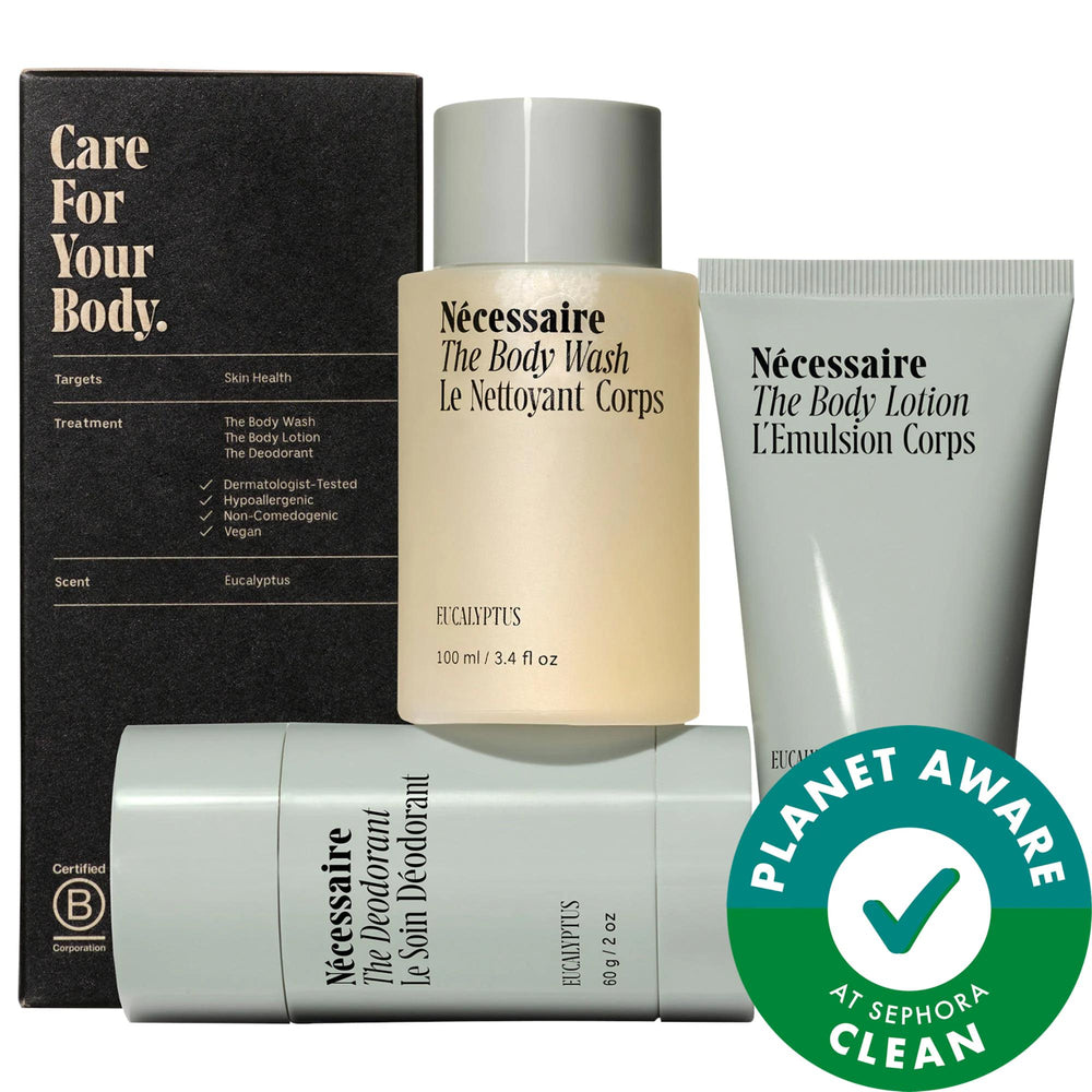Nécessaire Eucalyptus Body Essentials Set - Clean Beauty, Travel-Friendly Vegan Body Care Products Nécessaire Eucalyptus Body Essentials Set - Clean Vegan Skincare eucalyptus body wash, vegan body care, travel size body care set, clean beauty products, natural deodorant, eucalyptus scent, body care essentials, TSA-friendly, vegan skincare, gluten-free, cruelty-free, dermatologist tested, hypoallergenic, noncomedogenic, body wash, body lotion, deodorant, skincare routine, travel skincare