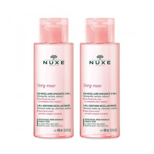 nuxe soothing micellar water 2x400ml front view, nuxe very rose micellar water bottle side view Nuxe Very Rose 3 In 1 Soothing Micellar Water | 2x400ml Nuxe Soothing Micellar Water - 2x400ml nuxe, micellar-water, sensitive-skin, skincare, makeup-remover, hydrating, 3-in-1, soothing, facial-cleanser, ai-generated