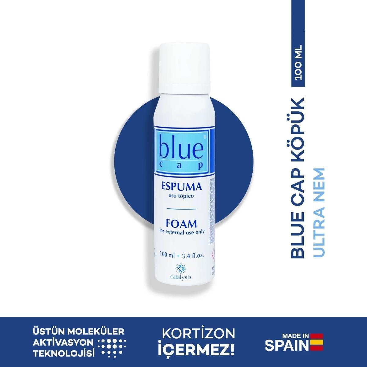 blue cap foam bottle, blue cap foam 100 ml packaging, blue cap foam application on skin Blue Cap Foam - Ultra Hydrating Solution | 100 ml Blue Cap Foam 100 ml - Ultra Hydrating Solution blue-cap, foam, dry-skin, hydrating-solution, dermatological-issues, moisturizer, skin-care, cortisol-free, ai-generated, 100ml
