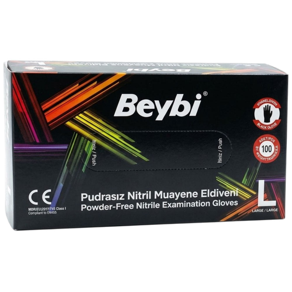 Beybi Black Nitrile Powder-Free Exam Gloves Large 100 Count