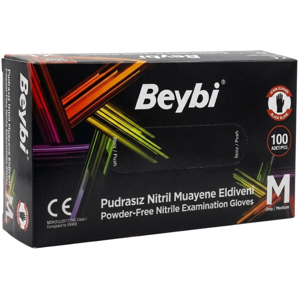 Beybi Black Nitrile Powder-Free Disposable Gloves Medium 100ct