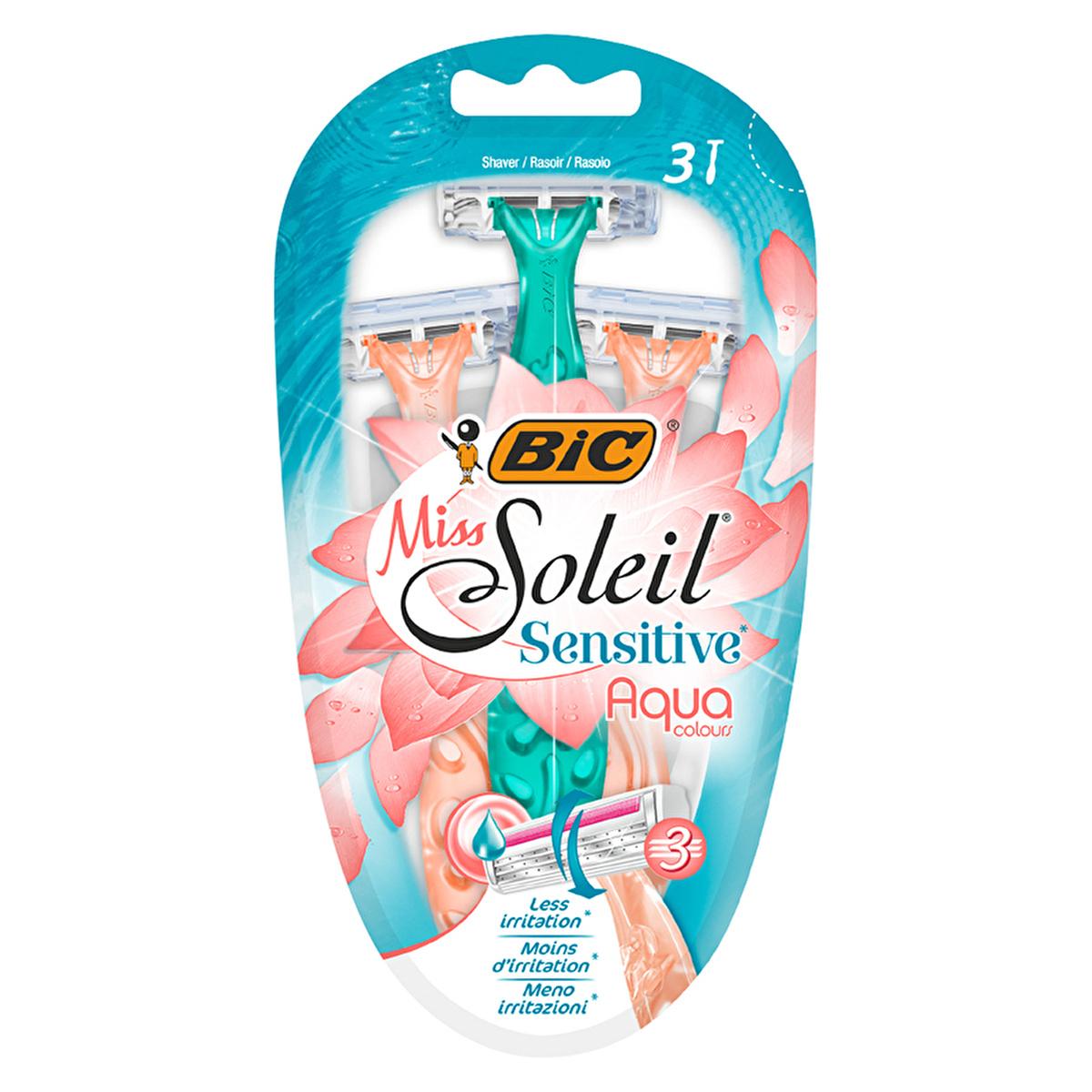 Bic Women's Razor - Miss Soleil Sensitive Aqua 3-Blade Razor for Smooth Shaving Bic Women's Razor for Smooth Shaving women's razor, sensitive skin razor, 3 blade razor, ergonomic handle razor, aloe vera and vitamin E lubricating strip, smooth shaving, close shave, women's grooming, personal care, shaving essentials