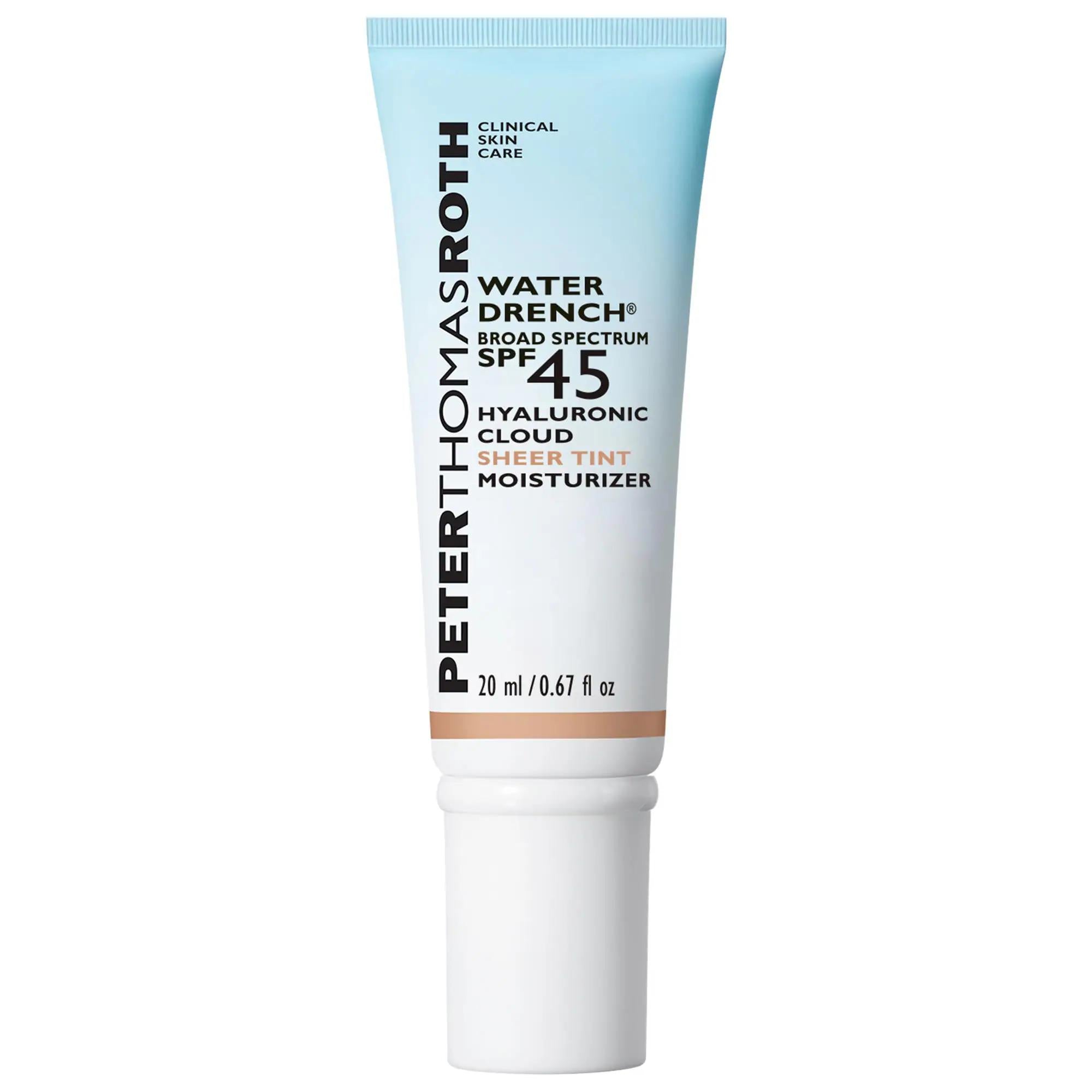 Peter Thomas Roth Water Drench SPF 45 Hyaluronic Sheer Tint Moisturizer: Hydrating, Anti-Aging &amp; Broad Spectrum Sun Protection Peter Thomas Roth Water Drench SPF 45: Hyaluronic Acid Moisturizer SPF 45 moisturizer, hyaluronic acid moisturizer, broad spectrum sunscreen, sheer tint moisturizer, anti-aging sunscreen, hydrating SPF, daily facial sunscreen, non-greasy sunscreen, tinted moisturizer with SPF, clean sunscreen, SPF moisturizer, hyaluronic acid, broad spectrum, sunscreen, sheer tint, anti-aging, hydra