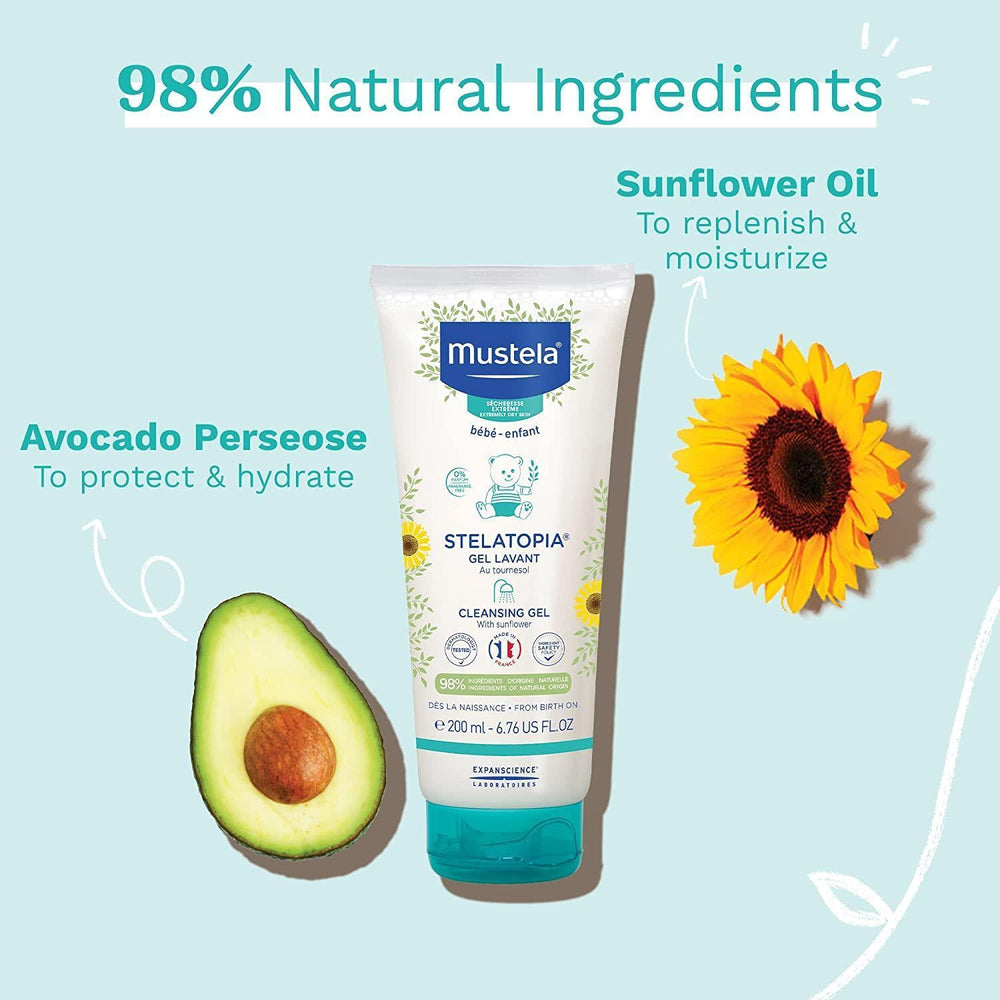 Mustela Stelatopia: Gentle Baby Cleansing Gel & Shampoo for Very Dry, Sensitive Skin - Natural, Vegan, & Hypoallergenic - 6.76 fl oz Mustela Stelatopia Baby Cleansing Gel - Dry & Sensitive Skin Mustela Stelatopia Cleansing Gel, baby cleansing gel, baby shampoo for dry skin, natural baby skincare, vegan baby wash, hypoallergenic baby wash, baby eczema wash, gentle baby cleanser, baby body wash for sensitive skin, dry skin baby bath products, baby wash, baby shampoo, dry skin, sensitive skin, eczema, natural 