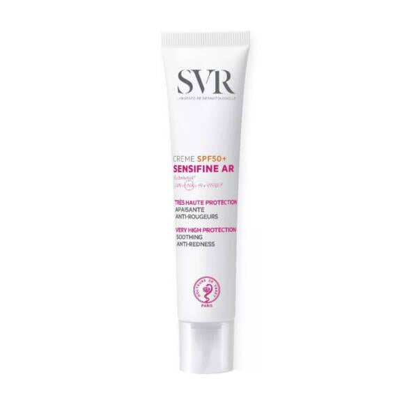 svr sensifine ar soothing care cream spf50 40ml tube, application of svr sensifine ar cream SPF50+ on face SVR Sensifine AR Soothing Care Cream SPF50+ | 40ml SVR Sensifine AR Cream SPF50+ | 40ml svr, soothing-cream, spf50, sensitive-skin, rosacea, sun-protection, hydrating-cream, facial-care, ai-generated, skincare