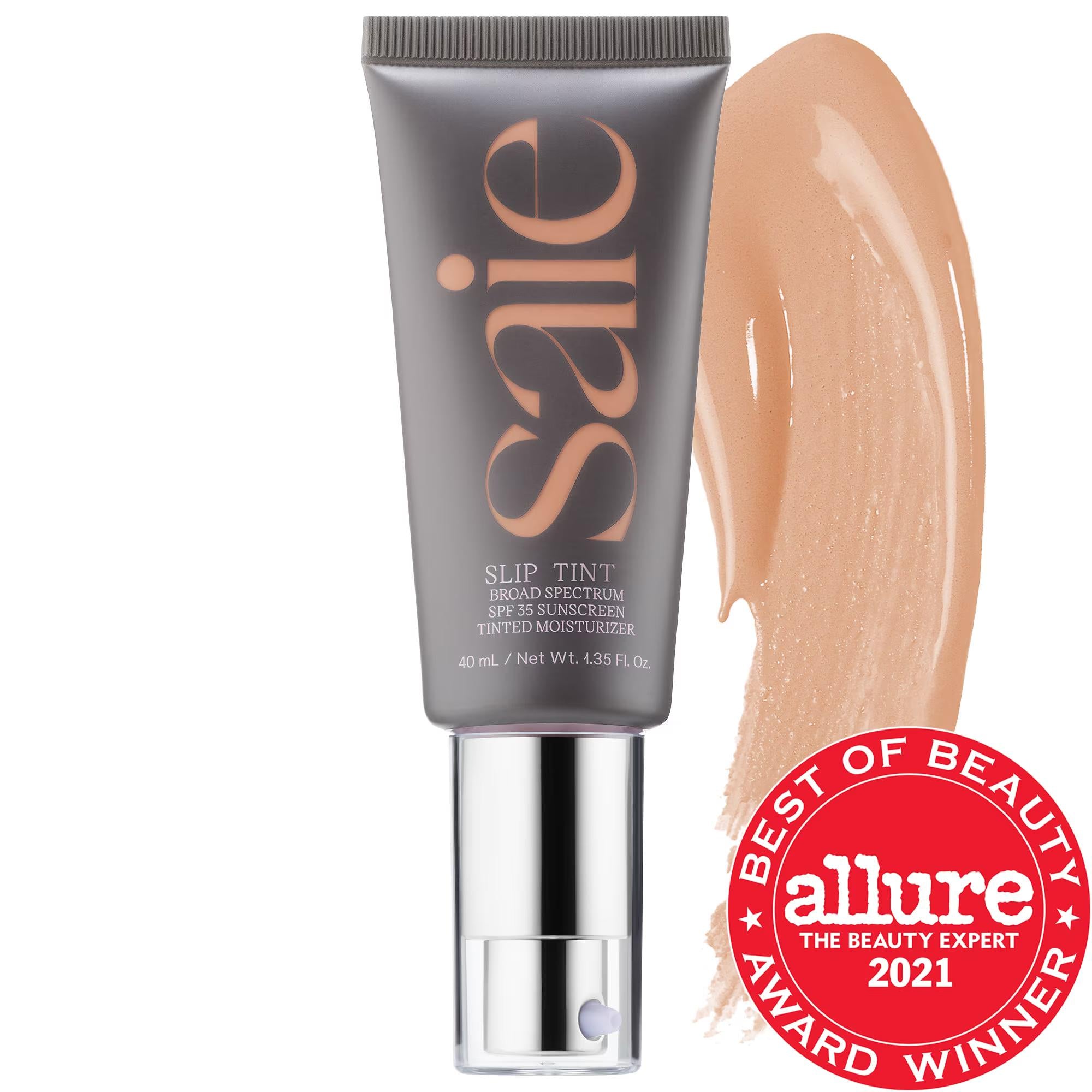 Saie Slip Tint - Lightweight Tinted Moisturizer with Mineral Zinc SPF 35, Hyaluronic Acid, and Licorice Root Extract for Dewy Coverage - Non-Comedogenic, Fragrance-Free, Gluten-Free, Dermatologist-Tested Tinted Moisturizer Saie Slip Tint Tinted Moisturizer SPF 35 - Hydrating & Natural Coverage tinted moisturizer, SPF 35, non-comedogenic, mineral zinc oxide, hyaluronic acid, fragrance-free, gluten-free, dermatologist-tested, clean beauty, sustainable packaging, makeup, face makeup, natural coverage, dewy fin