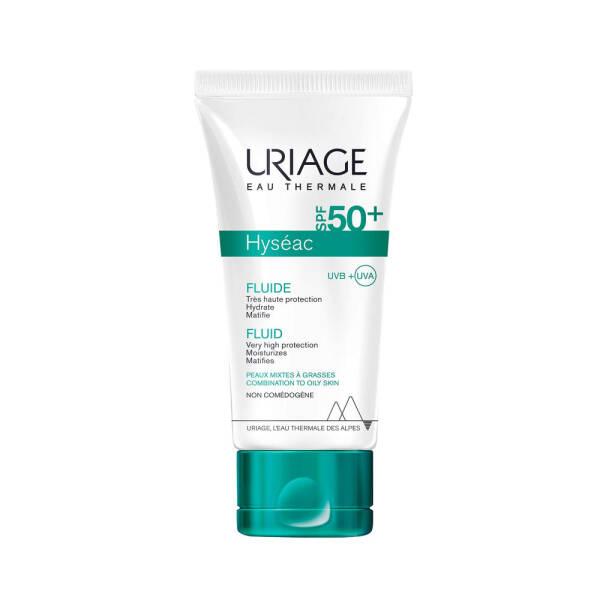 uriage hyseac spf50 sunscreen bottle, uriage hyseac spf50 application, uriage hyseac spf50 close-up Uriage Hyseac SPF50+ Fluide - Sunscreen for Oily Skin | 50ml Uriage Hyseac SPF50+ Fluide Sunscreen 50ml sunscreen, sp50, uriage, oily-skin, facial-sunscreen, oil-control, lightweight, matte-finish, skincare, ai-generated