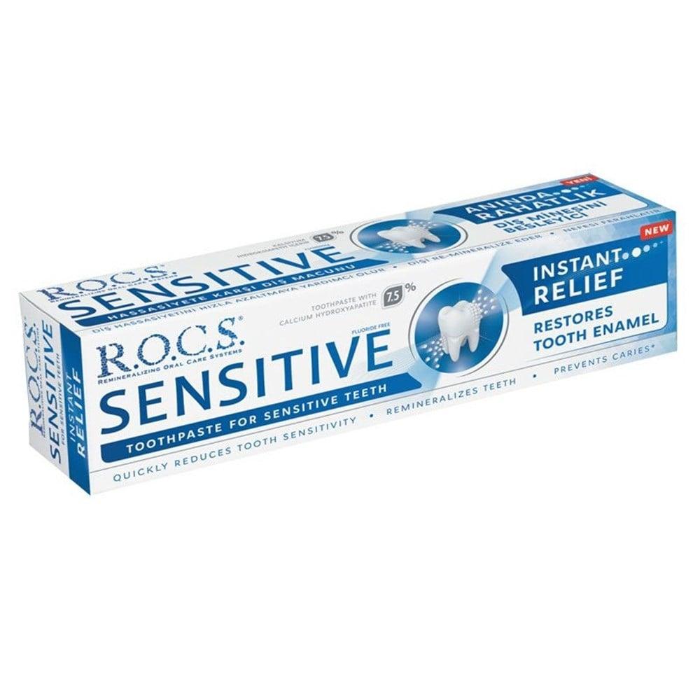 rocs sensitive toothpaste 75 ml packaging, rocs sensitive toothpaste action shot, rocs sensitive toothpaste close-up of texture R.O.C.S. Sensitive Toothpaste - Instant Relief | 75 ml ROCS Sensitive Toothpaste - Instant Relief | 75 ml sensitive-toothpaste, oral-care, dental-health, tooth-sensitivity, rocs, adults, toothpaste, instant-relief, teeth, ai-generated