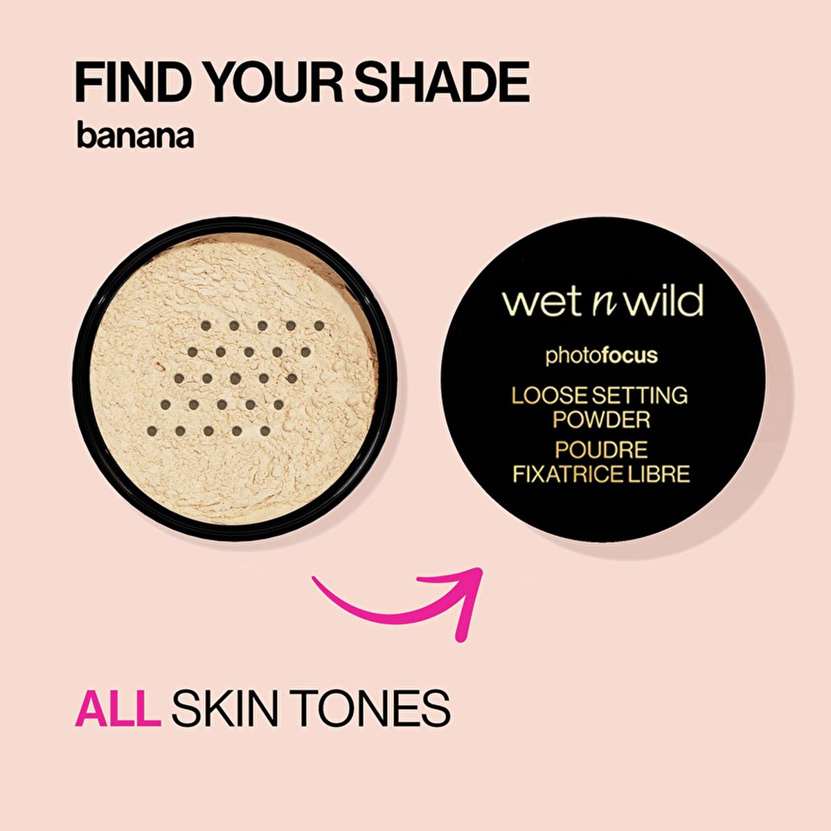 wet n wild photo focus loose setting powder banana 0.70 oz, close-up of wet n wild banana loose powder packaging Wet n Wild Photo Focus Loose Setting Powder - Banana for All Skin Tones | 0.70 oz Wet n Wild Photo Focus Loose Setting Powder Banana wet-n-wild, loose-powder, setting-powder, banana, beauty, makeup, translucent, flawless-finish, ai-generated, cosmetic