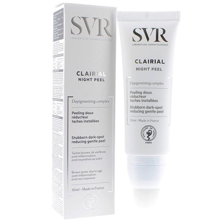 svr clairial night peel packaging, application of svr clairial night peel, ingredients of svr clairial night peel SVR Clairial Night Peel - Brown Spot Treatment | 50ml SVR Clairial Night Peel - Even Skin Tone svr, night-peel, brown-spot-treatment, skincare, even-skin-tone, anti-aging, niacinamide, cidric-acid, ai-generated, women