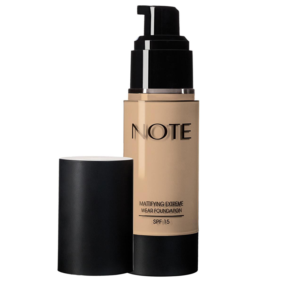 note-mattifying-extreme-wear-foundation-01-beige, close-up-of-note-foundation-pump, swatch-of-note-extreme-wear-foundation Note Mattifying Extreme Wear Foundation - 01 Beige | Ideal for Oily Skin Note Extreme Wear Foundation - Matte Finish for Oily Skin note, foundation, matte-finish, oily-skin, makeup, beauty, vegan, spf15, cosmetics, ai-generated