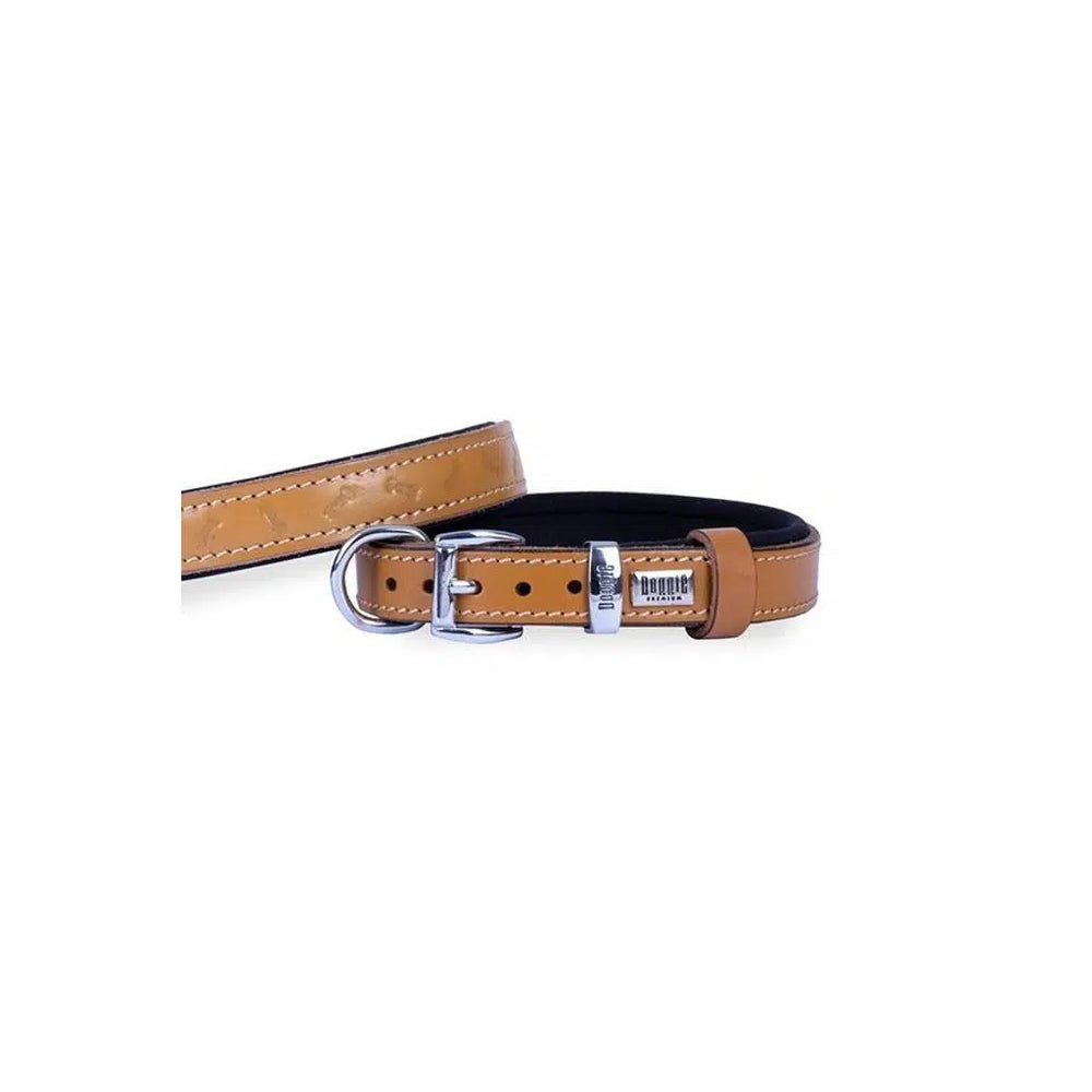 Doggie Bone Print Leather Dog Collar M Camel