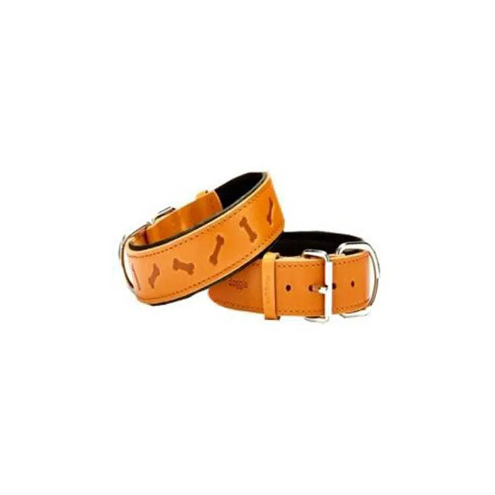 Doggie Bone Pattern Printed Leather Dog Collar Camel M
