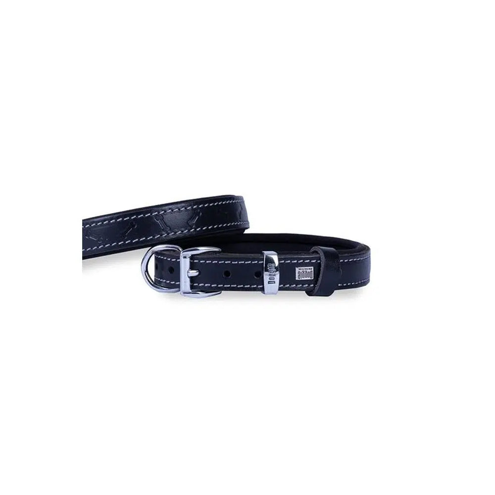 Doggie Bone Pattern Printed Leather Dog Collar Black Medium