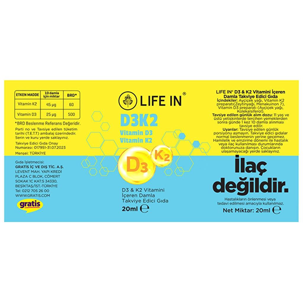 Life In Vitamin D3 &amp; K2 Liquid Supplement Drops 20 ml
