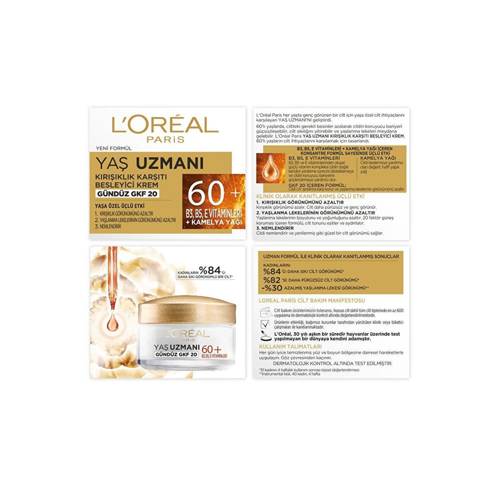 Loreal Paris Anti-Wrinkle Moisturizing Cream for Mature Skin 60+ - Nourishes, Hydrates, Reduces Wrinkles & Age - Face Cream