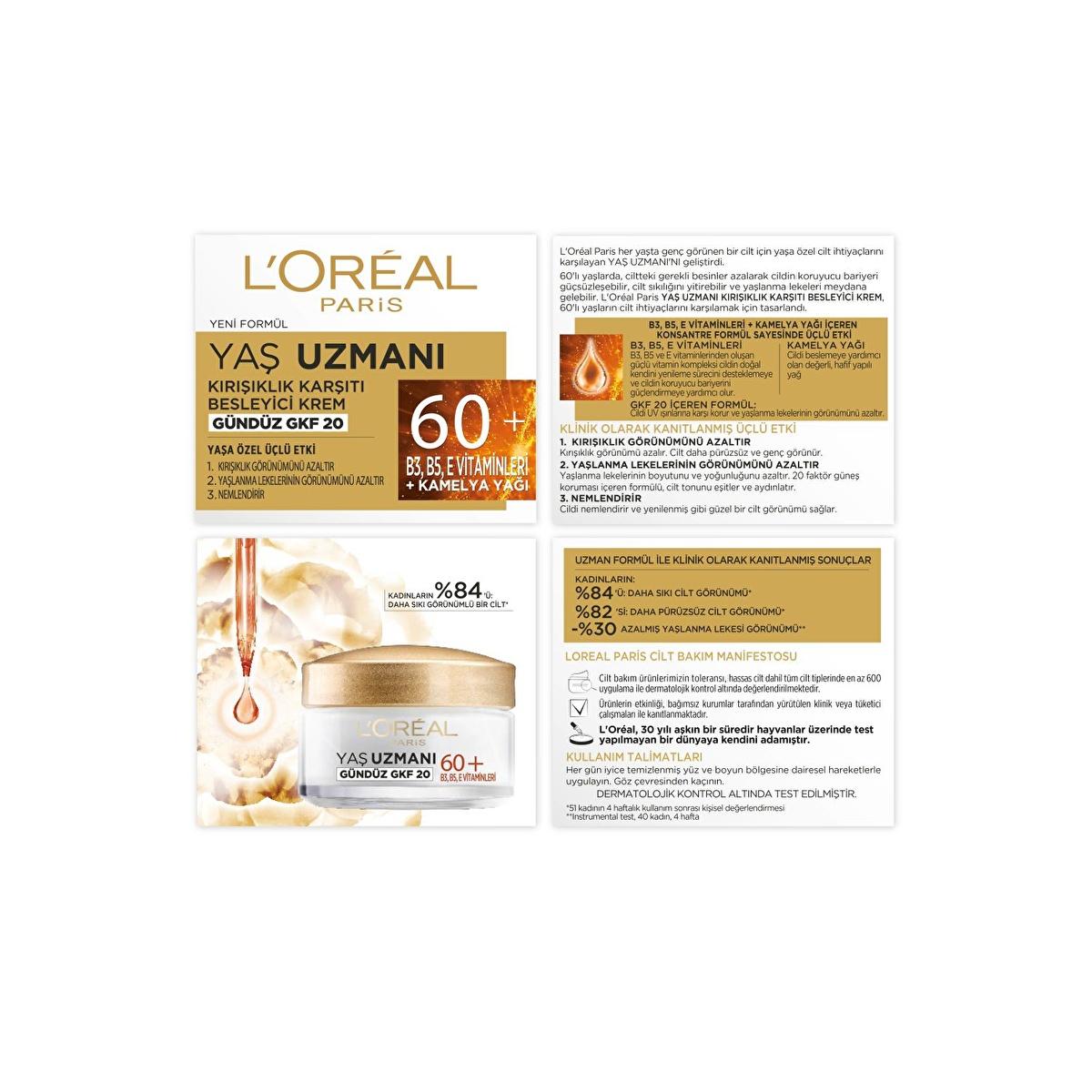 Loreal Paris Anti-Wrinkle Moisturizing Cream for Mature Skin 60+ - Nourishes, Hydrates, Reduces Wrinkles & Age Spots Loreal Paris Anti-Wrinkle Cream for 60+ Skin anti-wrinkle cream, anti-aging moisturizer, 60+ skincare, Loreal Paris Yaş Uzmanı, kırışıklık karşıtı krem, mature skin care, skincare for women, skincare for men, anti-aging skincare, moisturizing cream, wrinkle reduction, age spot correction, SPF 20, B3 vitamin, E vitamin, Opuntia Flower Extract, cosmetic, beauty, skincare routine, mature skin mo