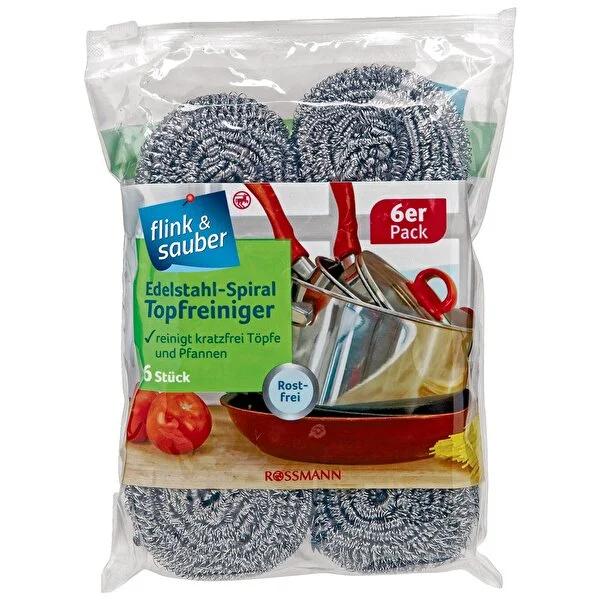 Flink & Sauber Non-Scratch Stainless Steel Scouring Pads - 6 Pack | Heavy Duty Kitchen Cleaning for Pots, Pans & Cookware Flink & Sauber Non-Scratch Scouring Pads | Clean Stainless Steel stainless steel scouring pad, steel wool alternative, non-scratch scouring pad, kitchen cleaning supplies, stainless steel cleaner, pot scrubber, pan scrubber, spiral scouring pad, stainless steel cleaner, cookware cleaner, kitchen scrubber, non scratch pad, reusable scouring pad, durable scouring pad, pack of 6, home clean