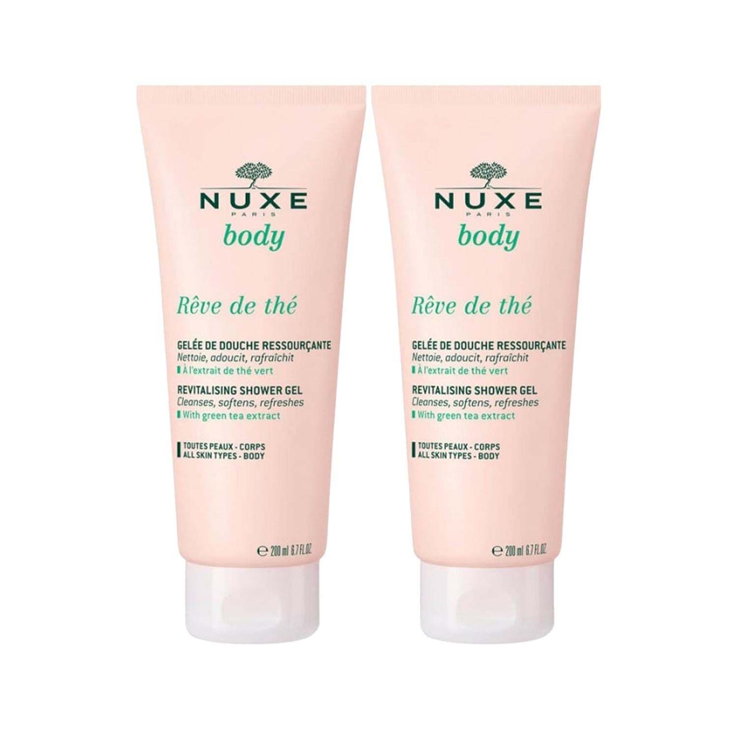 Nuxe Reve De The Shower Gel Duo - 2 x 200ml - Luxurious & Fragrant Body Wash for Soft, Clean Skin Nuxe Reve De The Shower Gel: Luxury Body Wash for Soft Skin Nuxe shower gel, Reve De The shower gel, luxury shower gel, fragrant body wash, Nuxe body wash, shower gel 200ml, best shower gel, discounted shower gel, shower gel, body wash, Nuxe, Reve De The, fragrant shower gel, moisturizing shower gel, gift for her, self-care, bath and body, skin care, body cleanser, daily shower, aromatherapy, pampering, cleansi