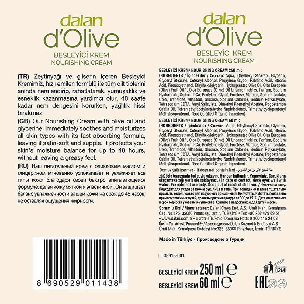 Dalan D'Olive Organic Olive Oil Nourishing Hand & Body Cream Set 250 ml + 60 ml