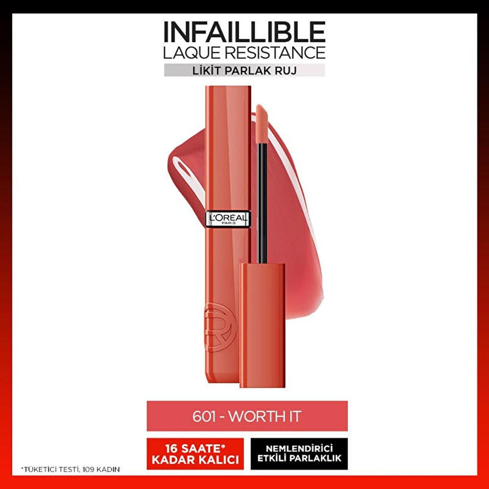 L'Oreal Paris Infaillible Laque Resistance: Long-Lasting, High-Shine, Moisturizing Liquid Lipstick for All-Day Glamour L'Oreal Infaillible: Long-Lasting, High-Shine Liquid Lipstick liquid lipstick, glossy lipstick, long-lasting lipstick, moisturizing lipstick, squalane lipstick, non-sticky lipstick, Loreal lipstick, bright lipstick, shine lipstick, lipstick, lip color, intense shine, long lasting, hydration, squalane, non-sticky, angled applicator, beauty, cosmetics, makeup, lip gloss, vibrant color, all-da